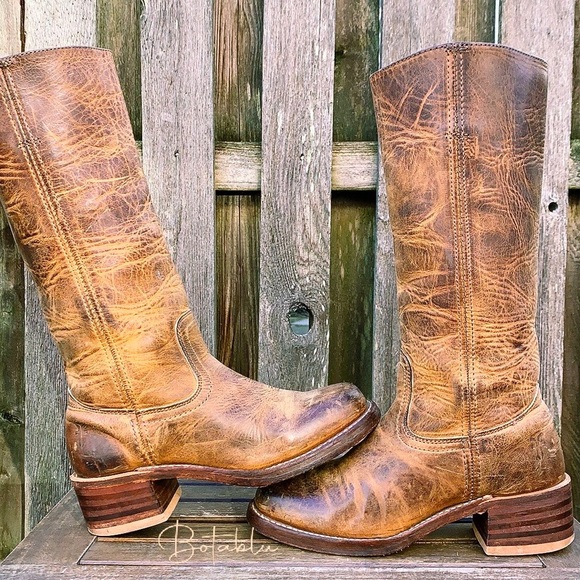 FRYE Campus 14L USA Distressed Tan Brown Leather Chunky Heel Boots, Size 6.5 - Picture 4 of 5